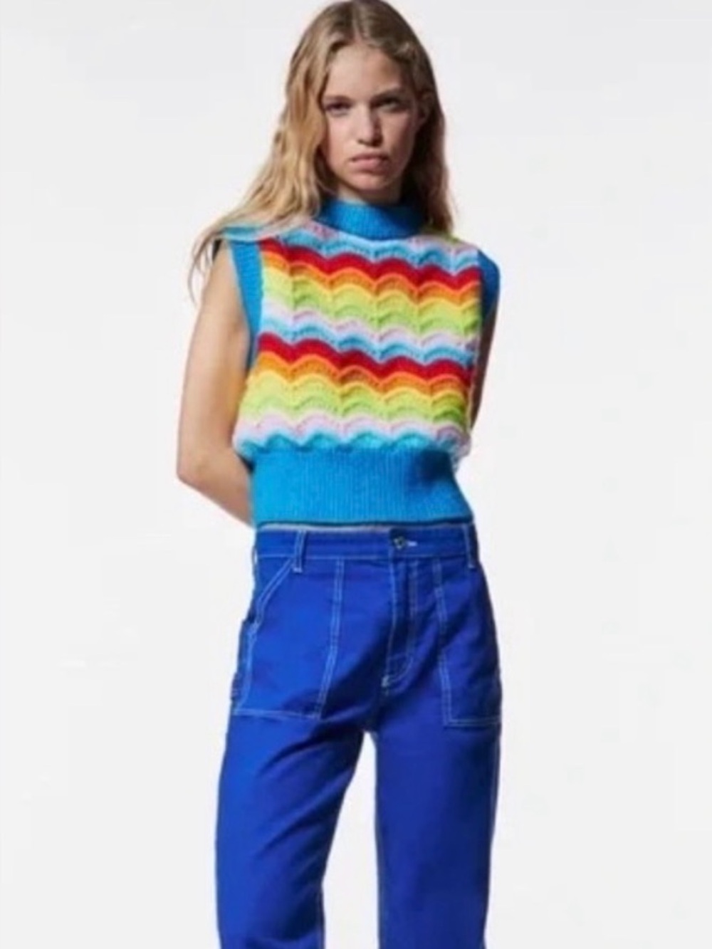 Zara Multicolor Rainbow Scallop Openwork Knit Sweater Vest Size Small